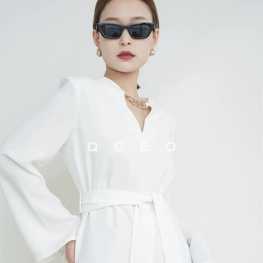 ZARA Fall French Retro White Long Sleeve Shirt Metal Chain Collar Waistcinching